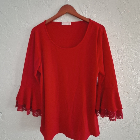 Ruffle Bell Quarter Sleeve Red Knit Pullover Blouse Top Christmas Holiday - Picture 1 of 12